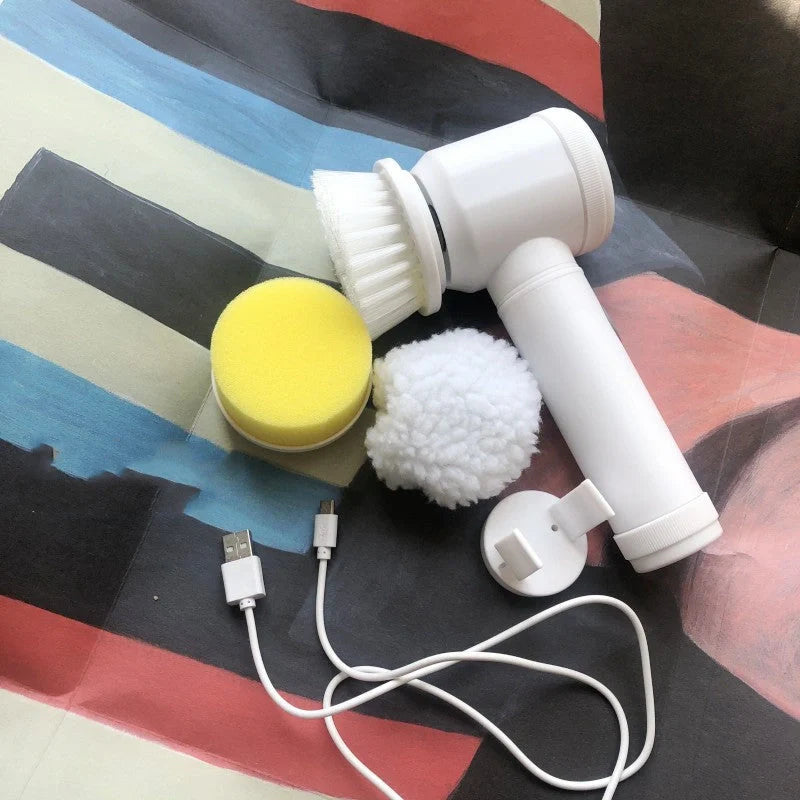5-in-1 electric cleaning brush with white handle and three interchangeable heads