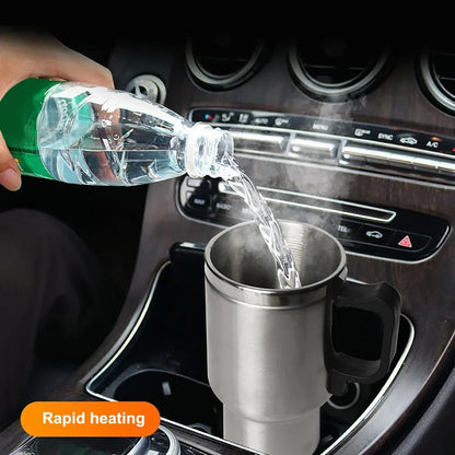 Portable stainless steel car kettle with 12V heating element and vacuum insulation for keeping drinks hot on the go