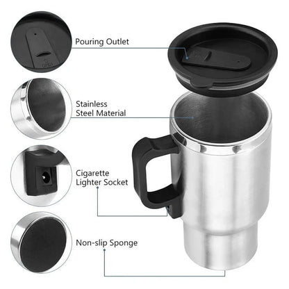 Portable stainless steel car kettle with 12V heating element and vacuum insulation for keeping drinks hot on the go