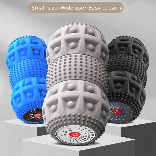 Electric deep tissue foam roller with vibrating peanut massage ball in blue-black grey
