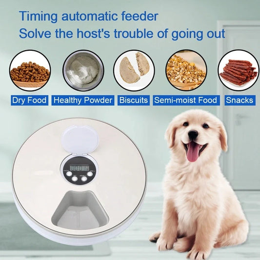 Automatic pet feeder with six meal trays and voice recorder
