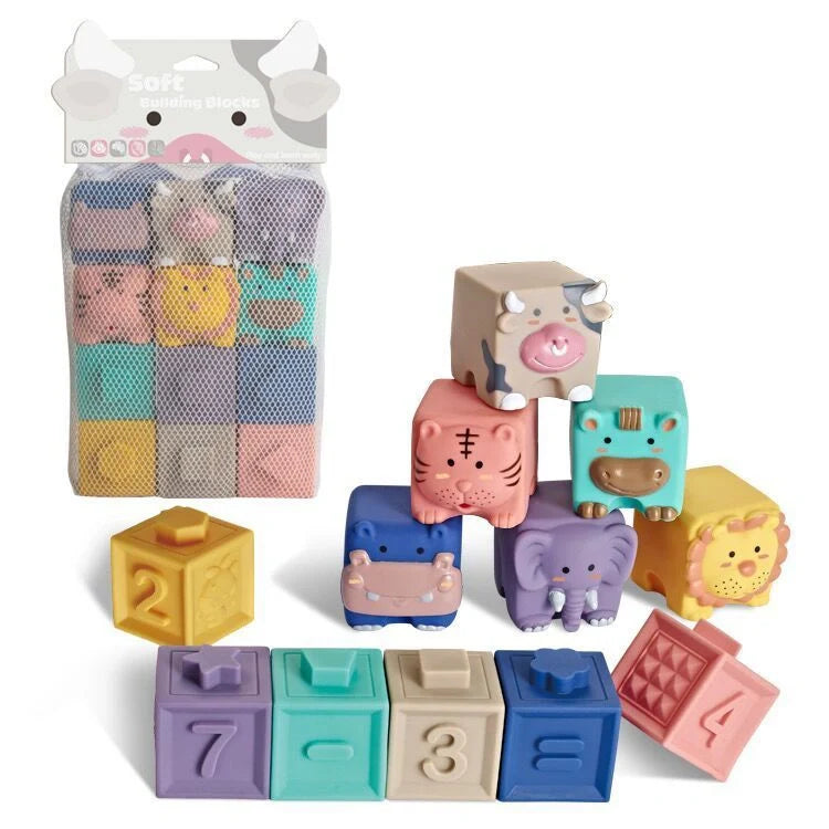 Soft plastic building blocks with animal relief designs for infants and toddlers
