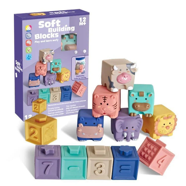 Soft plastic building blocks with animal relief designs for infants and toddlers
