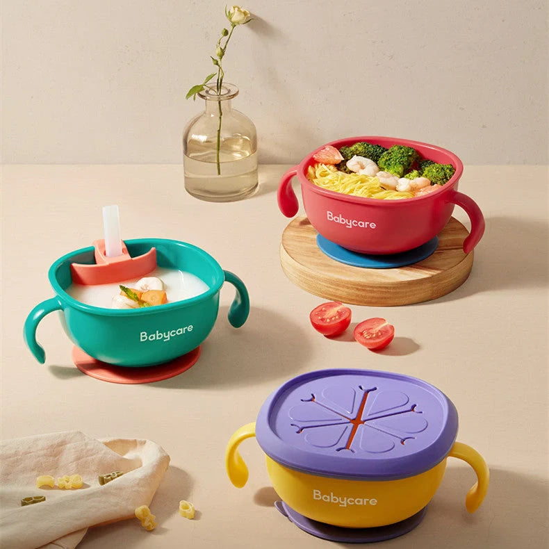 Babycare 3 in 1 Feeding Bowl with straw and suction base in rose red, green, grey, and yellow