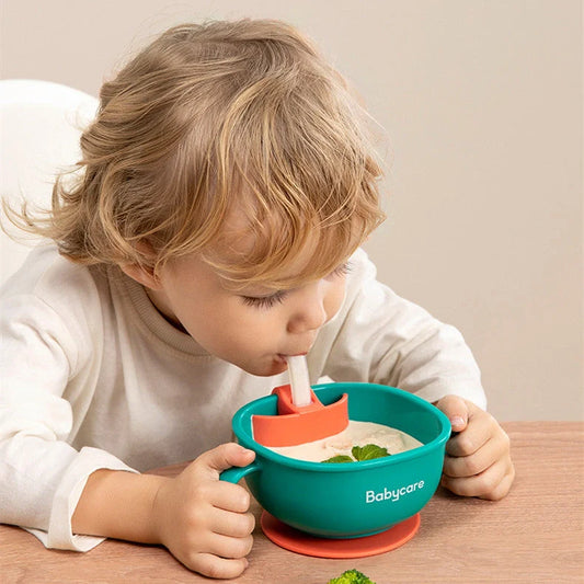 Babycare 3 in 1 Feeding Bowl with straw and suction base in rose red, green, grey, and yellow