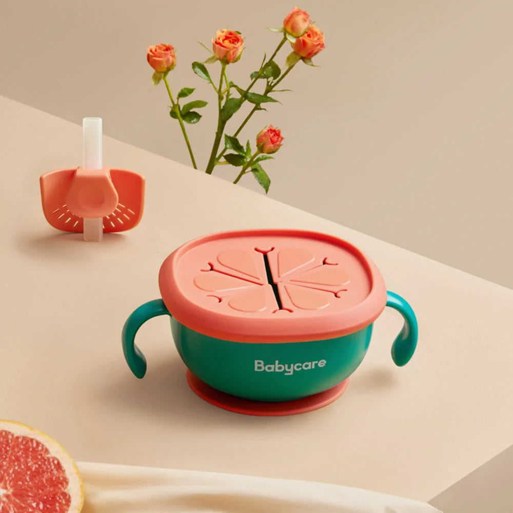 Babycare 3 in 1 Feeding Bowl with straw and suction base in rose red, green, grey, and yellow