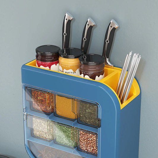 Wall-mounted kitchen storage box for knives and condiments in blue or white