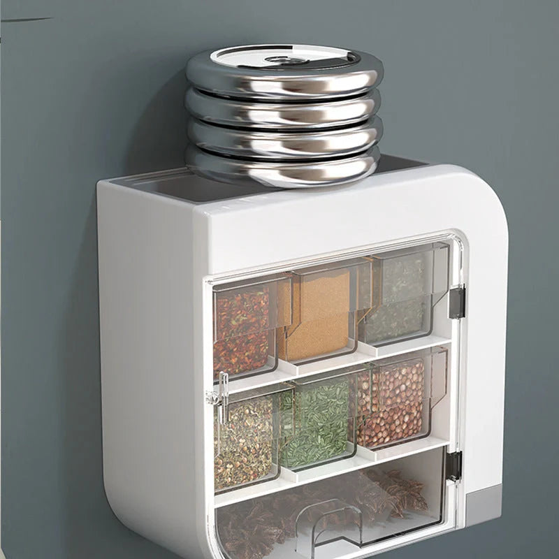Wall-mounted kitchen storage box for knives and condiments in blue or white