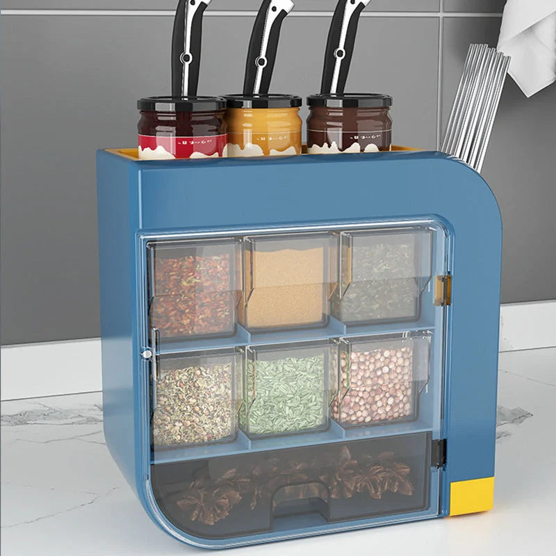 Wall-mounted kitchen storage box for knives and condiments in blue or white