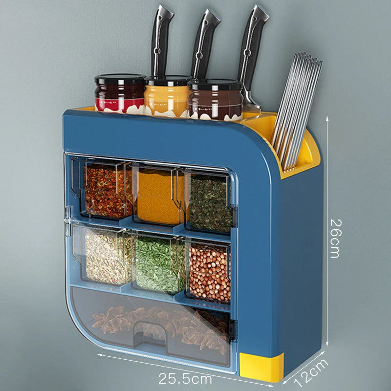 Wall-mounted kitchen storage box for knives and condiments in blue or white