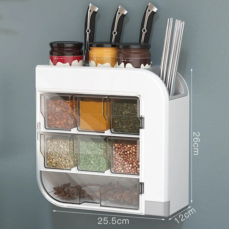 Wall-mounted kitchen storage box for knives and condiments in blue or white