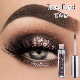 PHOERA Glitter & Glow Liquid Eyeshadow set showcasing 12 vibrant colours with 3D metallic effects