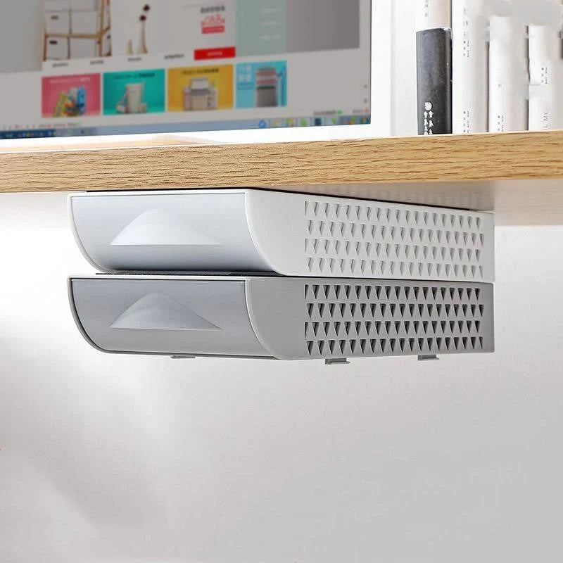 Stackable hidden office drawer organizer under desk in white and grey