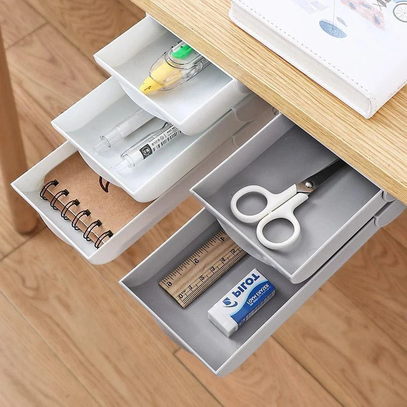 Stackable hidden office drawer organizer under desk in white and grey