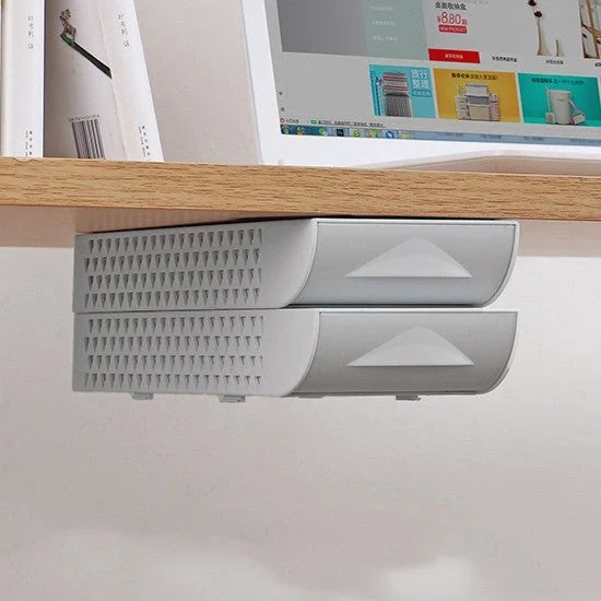 Stackable hidden office drawer organizer under desk in white and grey