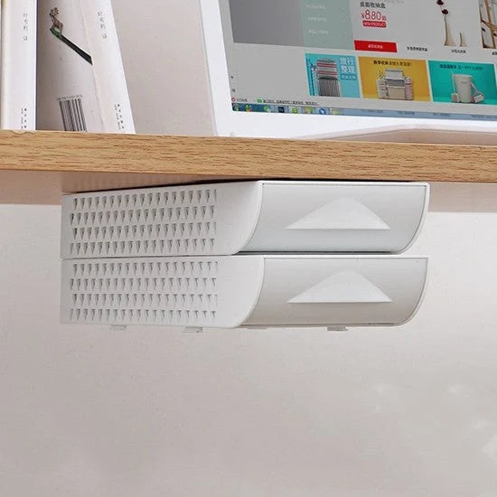 Stackable hidden office drawer organizer under desk in white and grey