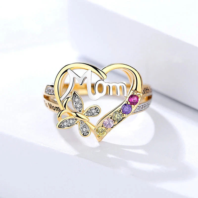 Elegant rhinestone heart-shaped ring in gold color with a dazzling array of multicolored rhinestones