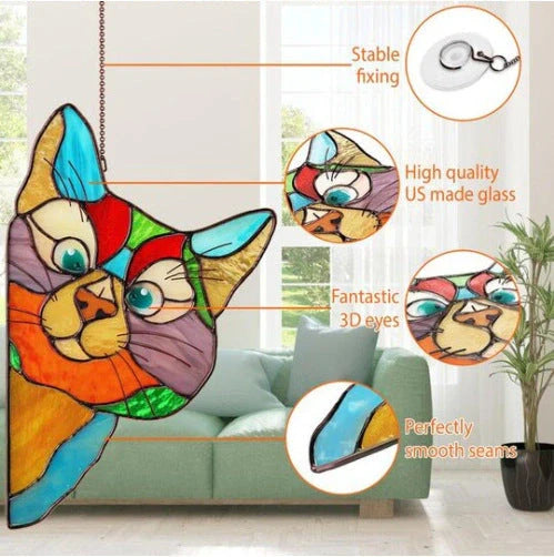 Colourful stained glass cat window hanger decoration, reusable PVC sticker