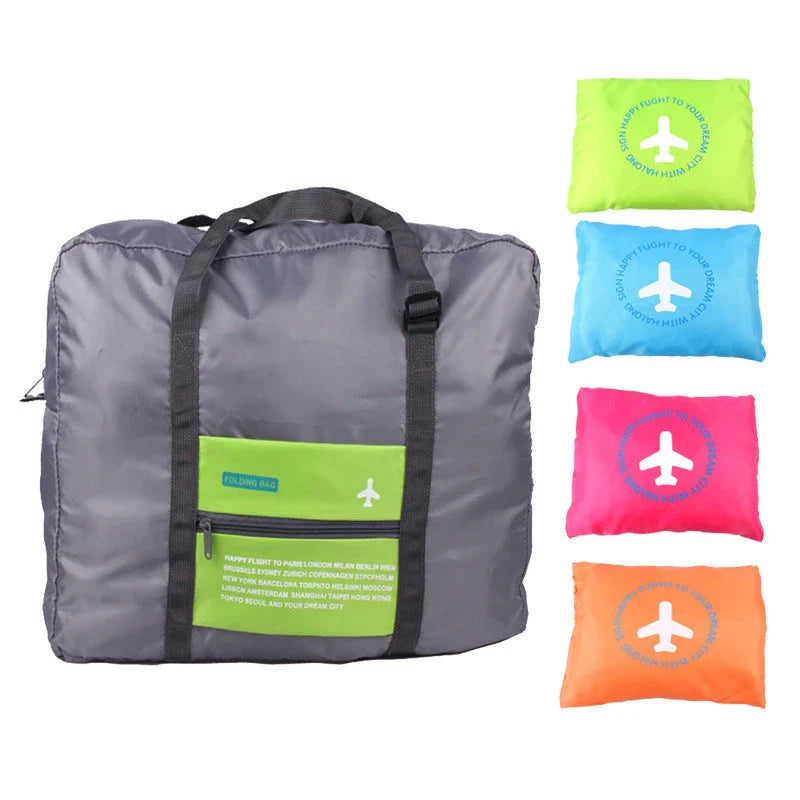 Foldable nylon travel holdall in various colours, including black, orange, green, and red