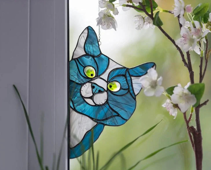 Colourful stained glass cat window hanger decoration, reusable PVC sticker
