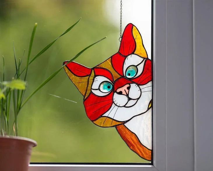 Colourful stained glass cat window hanger decoration, reusable PVC sticker