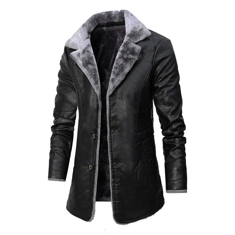Men's winter plush lapel leather jacket with warm fleece lining in black and brown