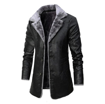 Men's winter plush lapel leather jacket with warm fleece lining in black and brown