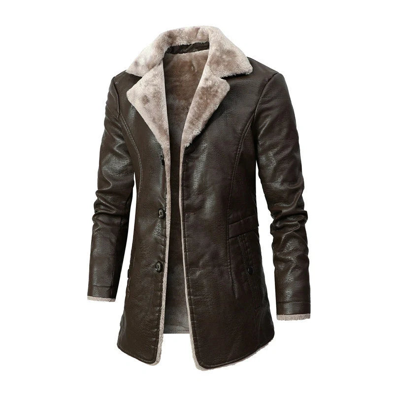 Men's winter plush lapel leather jacket with warm fleece lining in black and brown