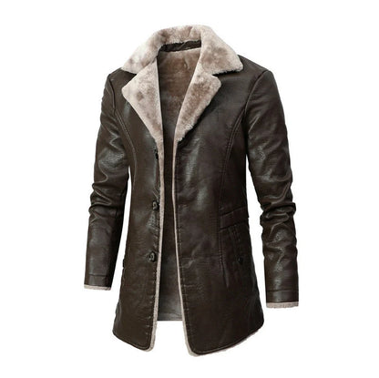Men's winter plush lapel leather jacket with warm fleece lining in black and brown