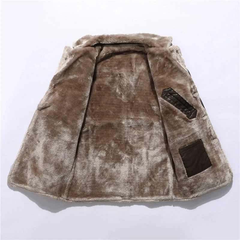Men's winter plush lapel leather jacket with warm fleece lining in black and brown