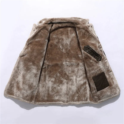Men's winter plush lapel leather jacket with warm fleece lining in black and brown