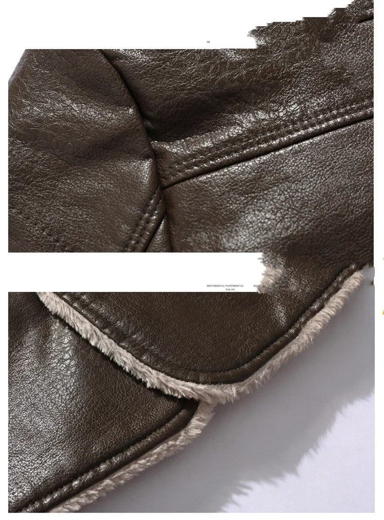 Men's winter plush lapel leather jacket with warm fleece lining in black and brown
