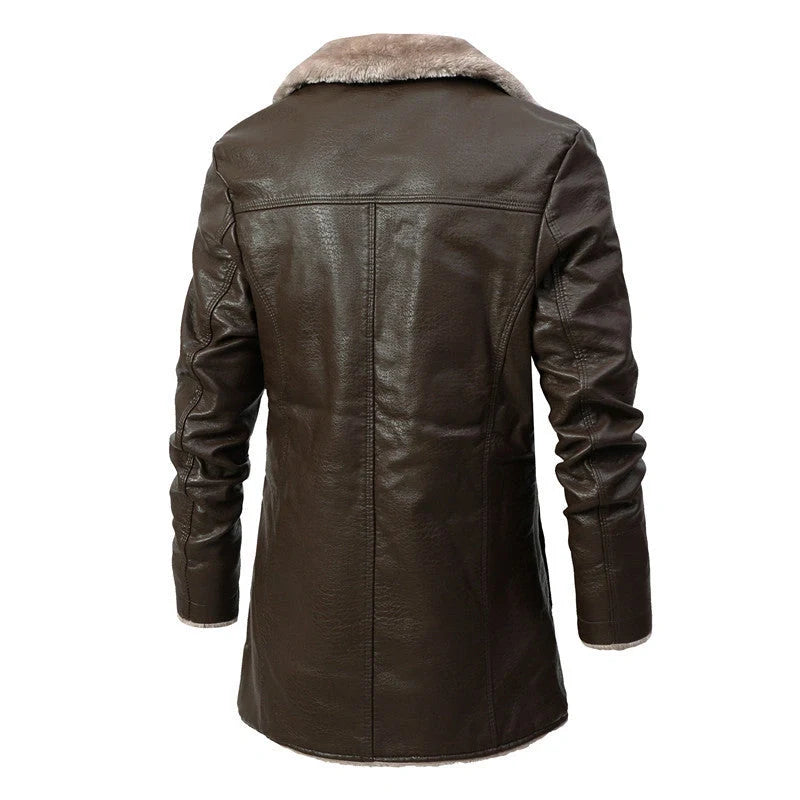 Men's winter plush lapel leather jacket with warm fleece lining in black and brown