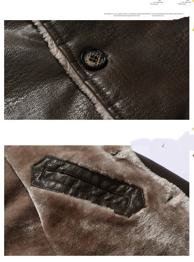 Men's winter plush lapel leather jacket with warm fleece lining in black and brown