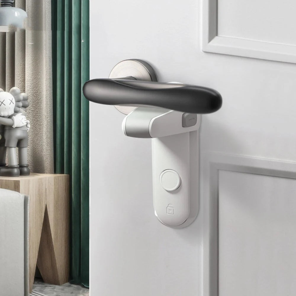 Children's door lever lock in enamel grey for safety and pet control