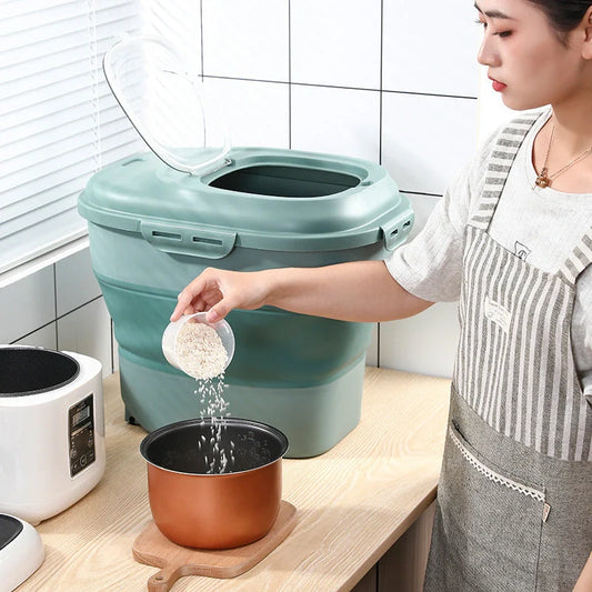 Foldable kitchen storage box for rice and flour with insect-proof seal in green, pink, and grey