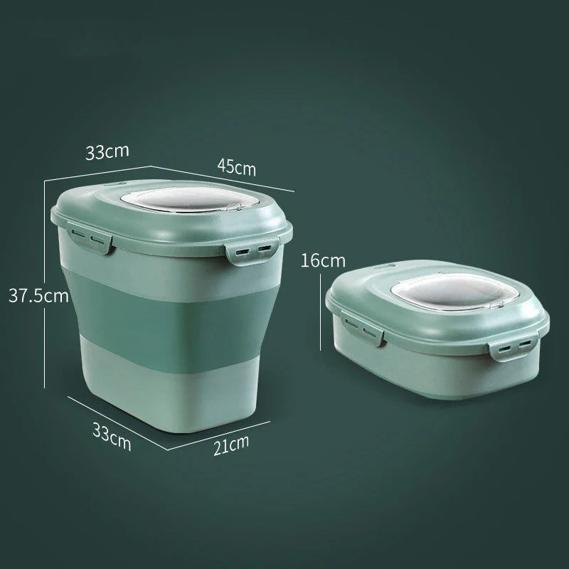 Foldable kitchen storage box for rice and flour with insect-proof seal in green, pink, and grey