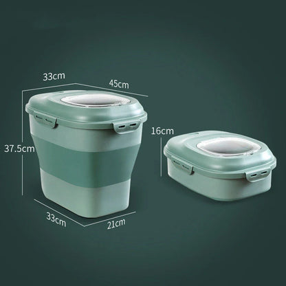 Foldable kitchen storage box for rice and flour with insect-proof seal in green, pink, and grey