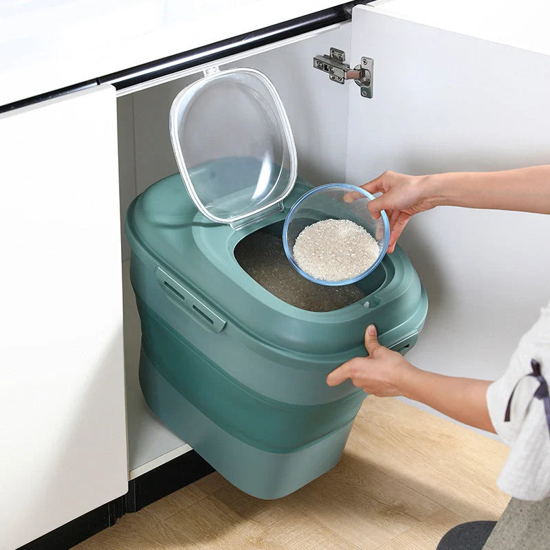 Foldable kitchen storage box for rice and flour with insect-proof seal in green, pink, and grey
