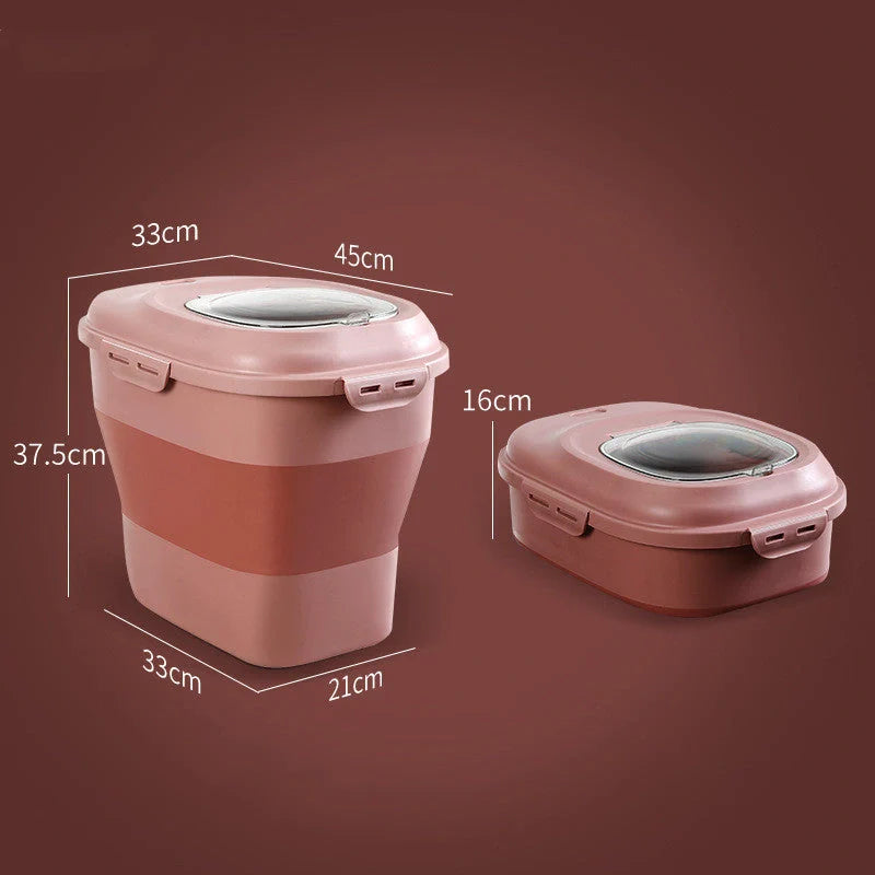 Foldable kitchen storage box for rice and flour with insect-proof seal in green, pink, and grey