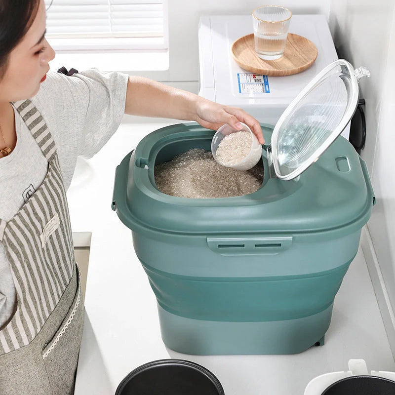 Foldable kitchen storage box for rice and flour with insect-proof seal in green, pink, and grey
