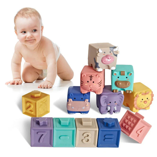 Soft plastic building blocks with animal relief designs for infants and toddlers