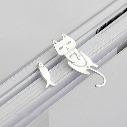 Elegant asymmetric 925 sterling silver stud earrings with cat and fish motifs, a modern and sophisticated accessory