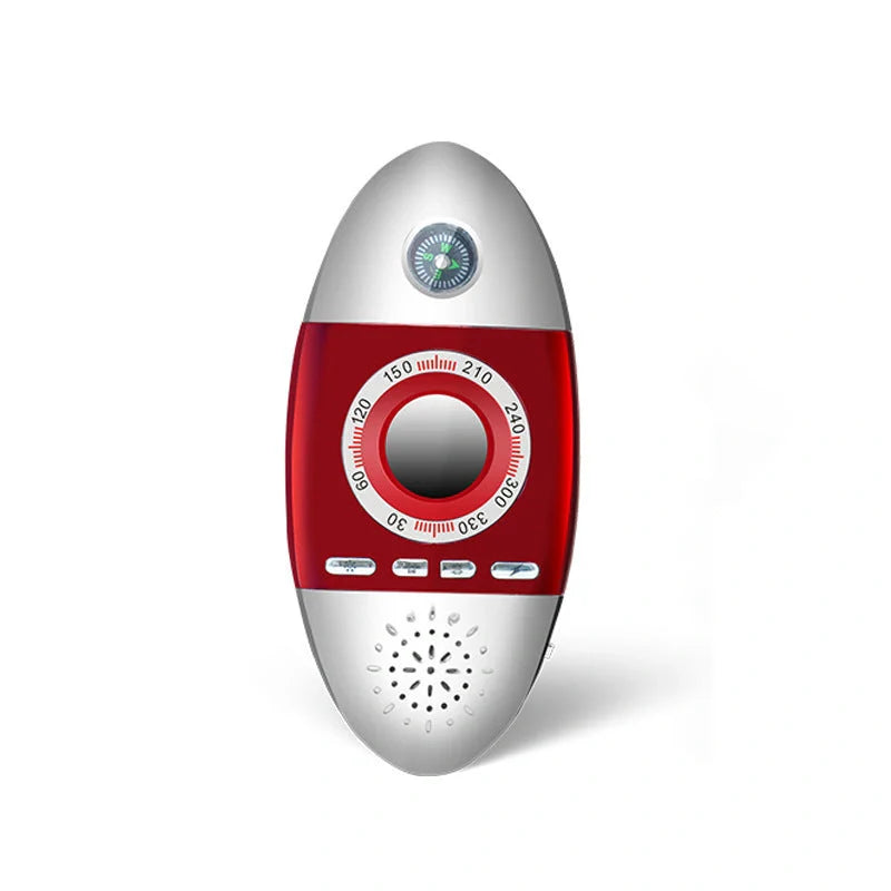 Compact black and red infrared hidden camera detector with lanyard
