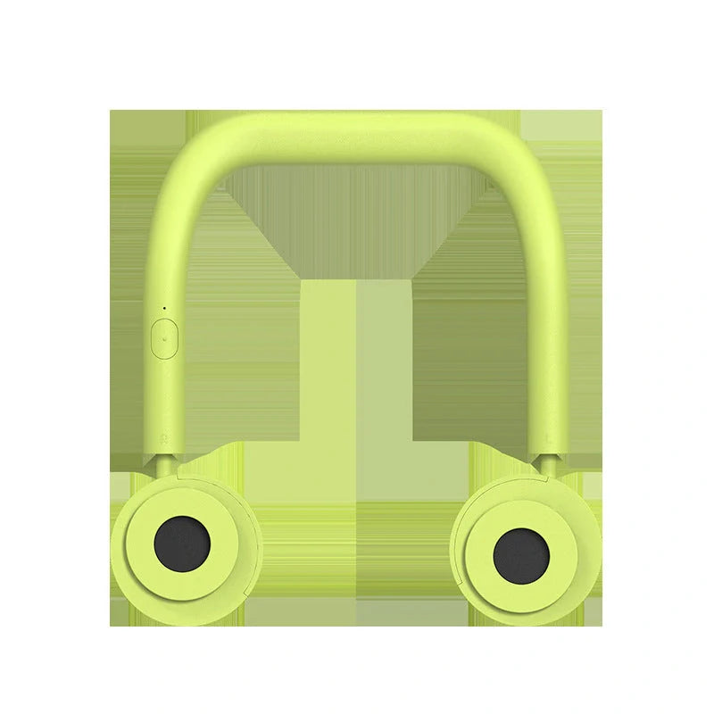 USB Portable Neck Fan in pink, fluorescent green, and dark green with dual fans and adjustable speed settings