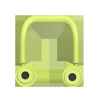 USB Portable Neck Fan in pink, fluorescent green, and dark green with dual fans and adjustable speed settings