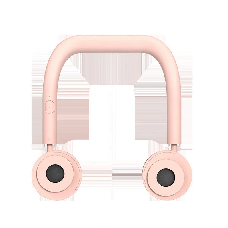 USB Portable Neck Fan in pink, fluorescent green, and dark green with dual fans and adjustable speed settings