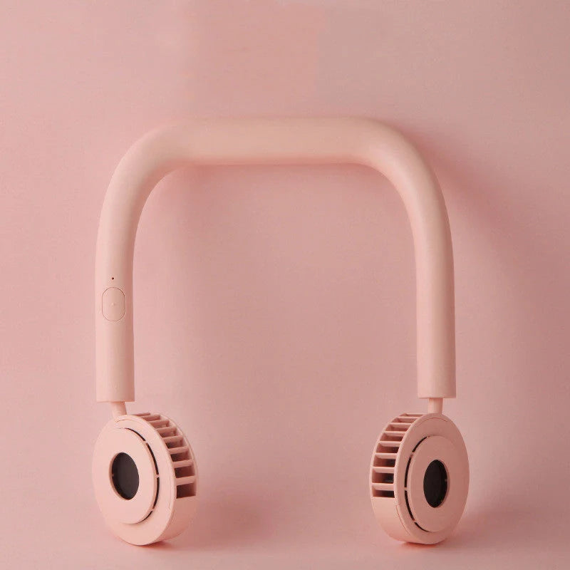 USB Portable Neck Fan in pink, fluorescent green, and dark green with dual fans and adjustable speed settings