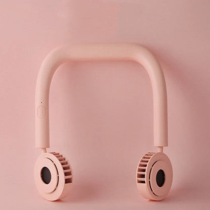 USB Portable Neck Fan in pink, fluorescent green, and dark green with dual fans and adjustable speed settings