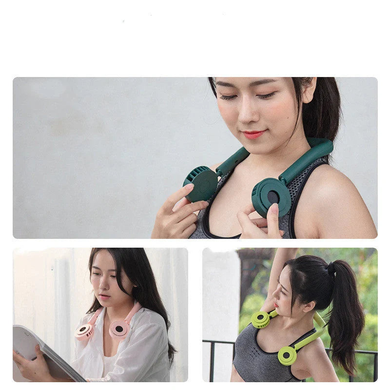 USB Portable Neck Fan in pink, fluorescent green, and dark green with dual fans and adjustable speed settings